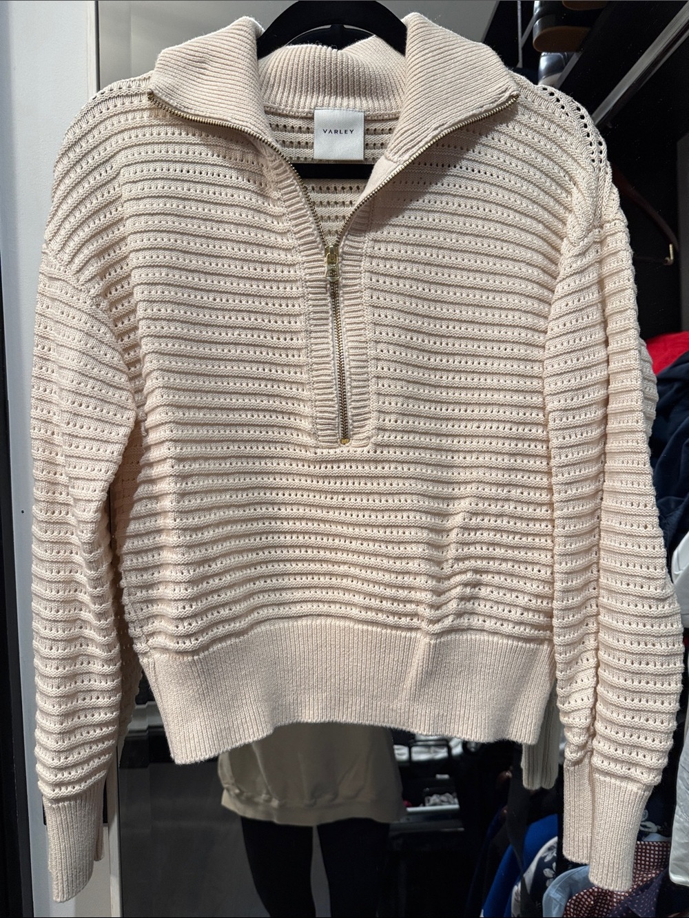 Varley Cream Half-Zip Textured Knit Pullover